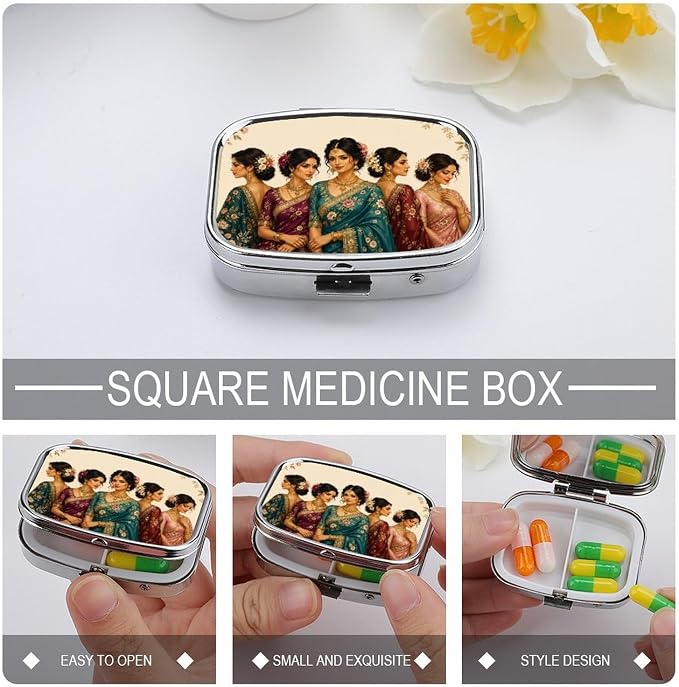Elegant South Asian Women in Traditional Attire Two Compartment Pill Box Medicine Organizer, Portable Pill Case with Secure Snap Closure for Vitamins Medication Supplements Daily Use