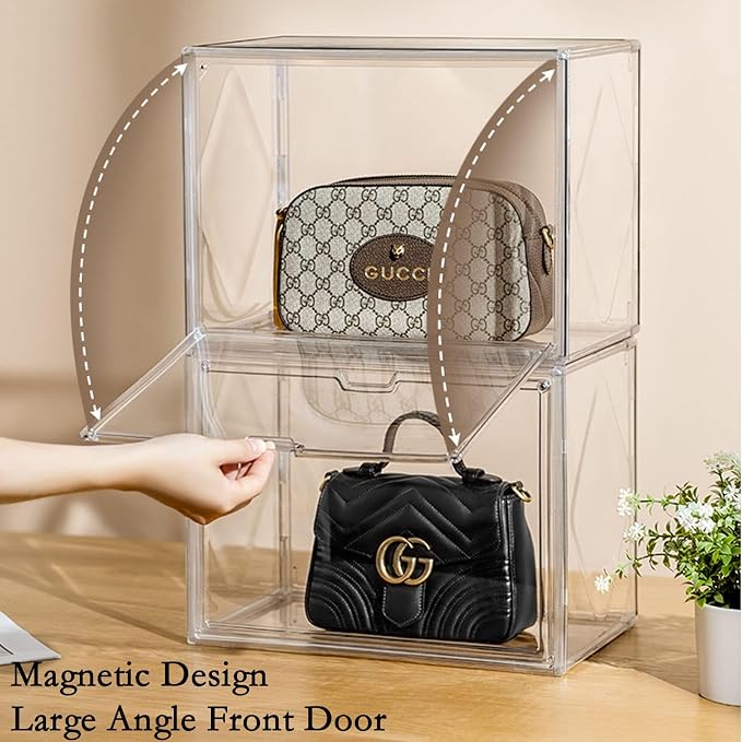 WMM Purse Storage Organizer for Closet, 3 Packs Plastic Acrylic Clear Handbag Purse Shoes Book Figure Toy Display Case, Storage Bins for Cosmetic, Stackable Magnetic Drop Front Storage Organizer