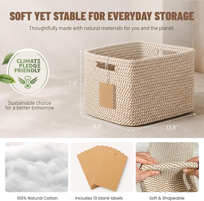 5 Pack Woven Storage Baskets, Decorative Storage Bins for Organizing | 13.8'' × 9.8'' × 7.9'', Cotton Rope Basket Organizer for Closet, Shelves, bathroom, Nursery, Toys, Books, Pantry, Khaki