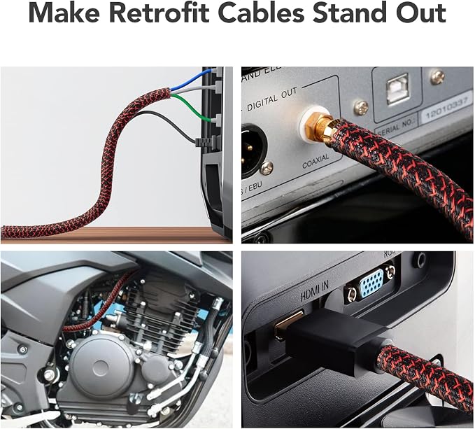 AGPTEK Cable Sleeve, 10ft - 1.2 inch Cable Management Cord Hider, BlackRed | Desk Cord Cover Organizer Wire Hider for Office Computer TV Wire Loom Tubing Pet-Proof Cord Protector from Cat Dog Chewing