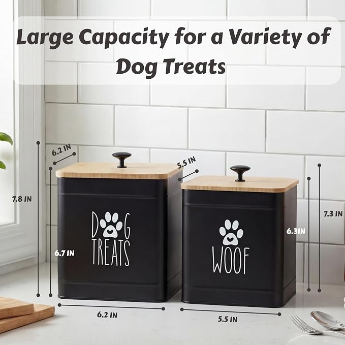 PERFNIQUE Dog Treat Container, Airtight Dog Treat Jar Set of 2, Dog Cookie Jar for kitchen Counter, Pet Treat Container, Dog Treat Canister and Storage, 7.8x6.2 & 7.3x5.5(Black)