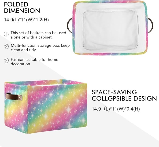 Rainbow Galaxy Storage Basket Bin, Large Cube Storage Box Canvas Collapsible Storage Organizer for Home Office Closet - 15 L x 11 W x 9.5 H