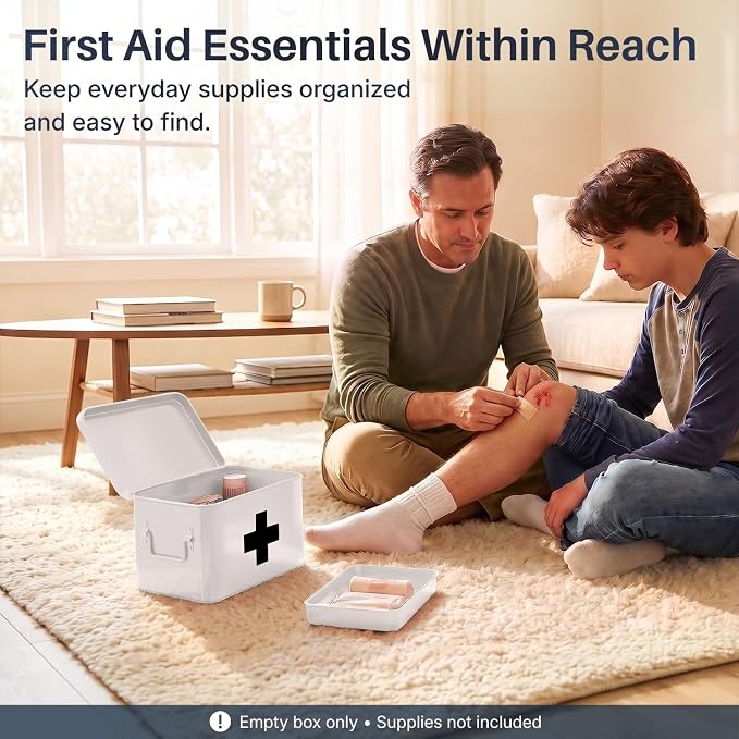 Flexzion Large Metal First Aid Box Empty, 8.5-Inch, White with Black Cross | Vintage Medicine Box and First Aid Storage Organizer with Removable Tray and Dividers; Empty Box Only, Supplies Not Included