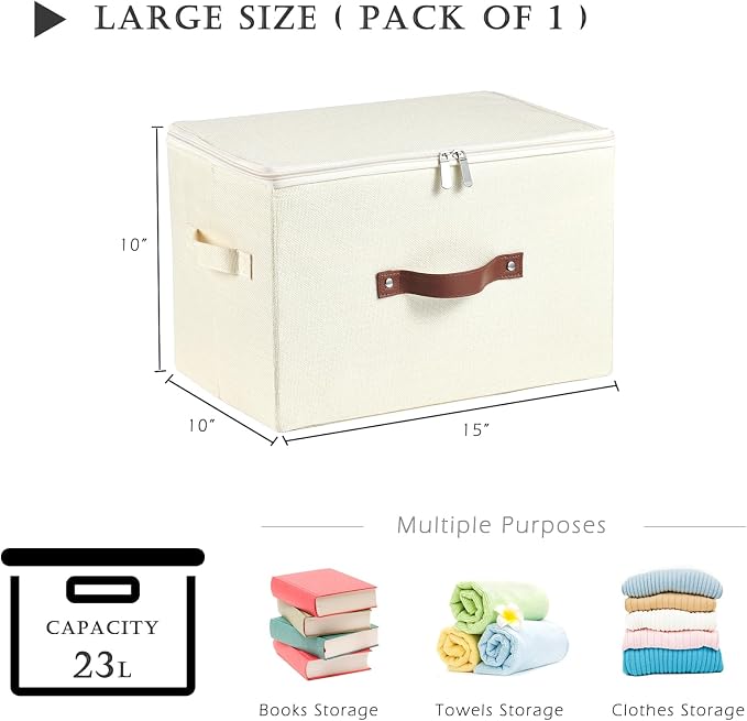 Storage Bins with Zipper Lids Decorative Lidded Baskets Boxes | Clothes Container, Closet Shelf Organizer, Foldable Washable, Cotton Linen Fabric, w/ PU Leather Handles, Beige, Large