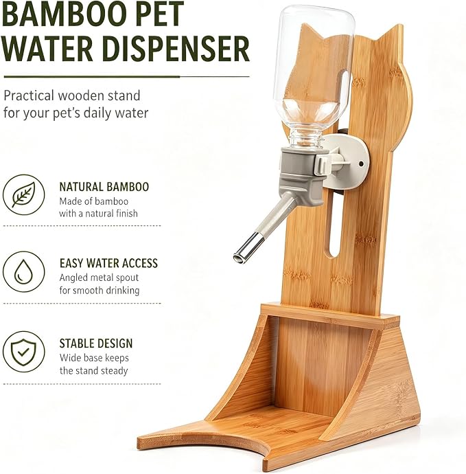 Bamboo Pet Water Bottle Stand, Adjustable Hanging Dog Cat Dispenser