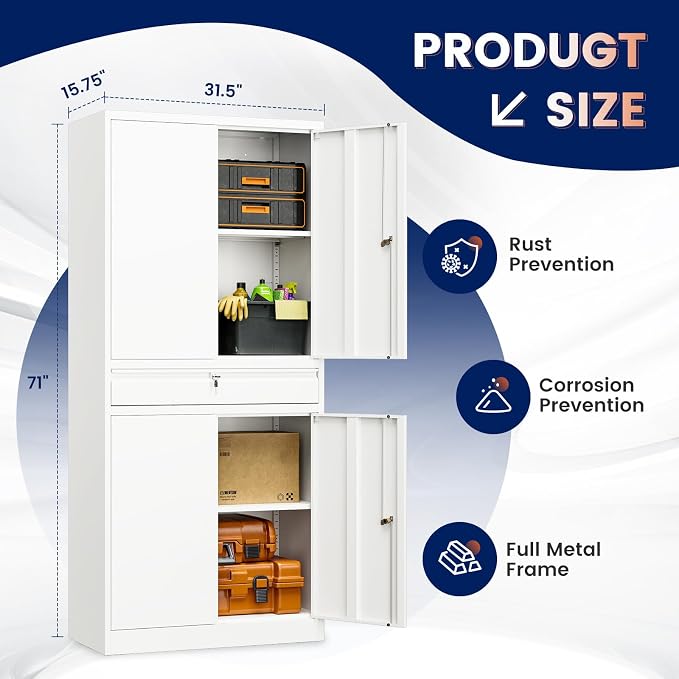 Metal Garage Storage Cabinet with Locking Doors and Adjustable Shelves, 71" Tool Storage Cabinet with 1 Drawer for Garage,Office,Warehouse (White)