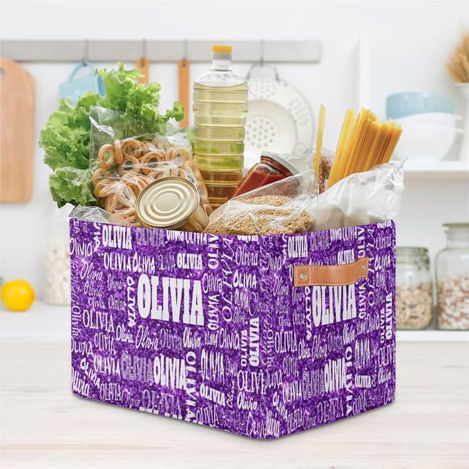 Personalized Storage Bins, Bright Color Purple Sequins Pattern Print | Organizing Boys Girls Pets Toys Closet Shelf Clothes Books