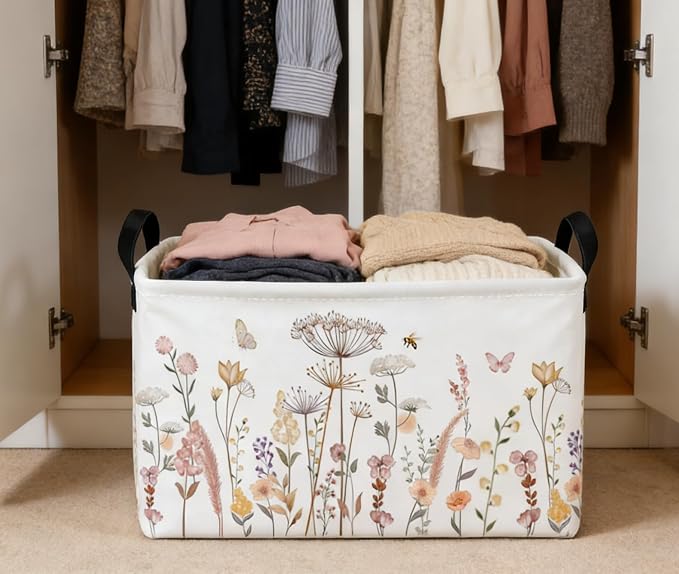Essme Rectangular Flower Basket, Storage Bins Organizer with Handles for Girls Room Decor, Gift Basket,Shelf Basket.(Beautiful Flowers)