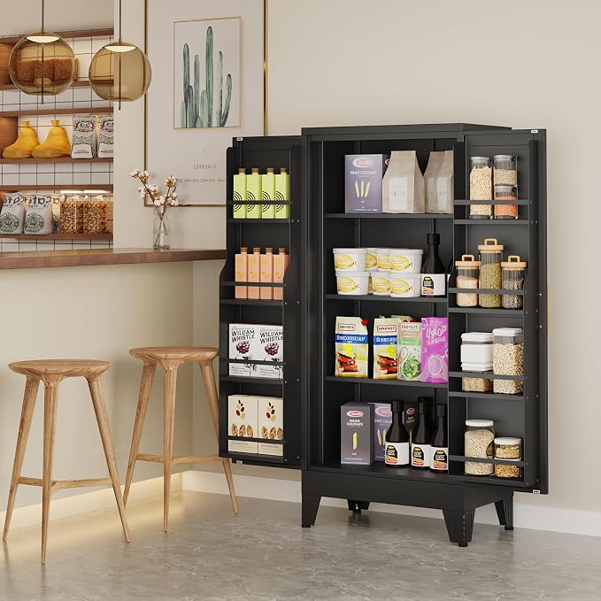 Black Kitchen Pantry Storage Cabinet, 48" Metal Storage Cabinet | Steel Storage with Doors and 3 Adjustable Shelves, Metal Freestanding Buffet Cupboards Sideboard, for Office, Home, School