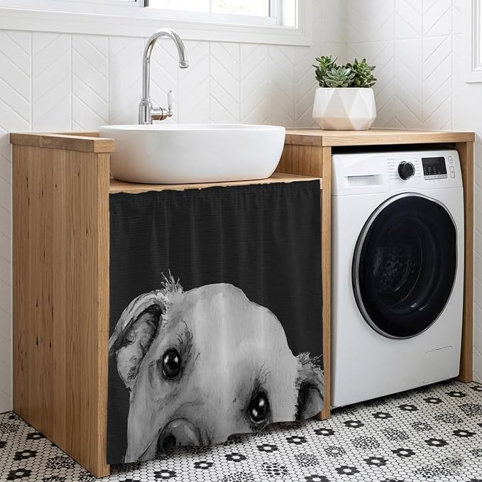 Black Dog Cabinet Curtain 35"Wx35"L,Dustproof Under Sink Skirt with Self Adhesive Tape,Cute Pets Eyes Animals Fur Vintage Oil Painting Cabinet Curtain Cover for Kitchen Sink,Bathroom Vanity,Laundry