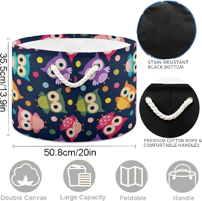 visesunny Storage Basket Colored Cartoonn Owl Dot Nursery Hamper Basket Clothes Toy Storage Organizer Bin Box Collapsible Laundry Bag for Kid Room,Playroom,Bathroom,Living Room,Dorm,Office