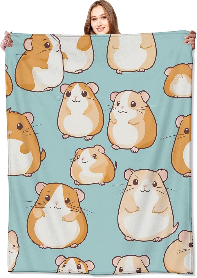 Cartoon Hamster Blanket,40x50in,Cute Animal Aqua Blue Throw Blankets,Birthday Gifts for Kids Adult & Pet Lovers, Lightweight Soft Fleece,for Sofa Couch Bed Room Modern Decor