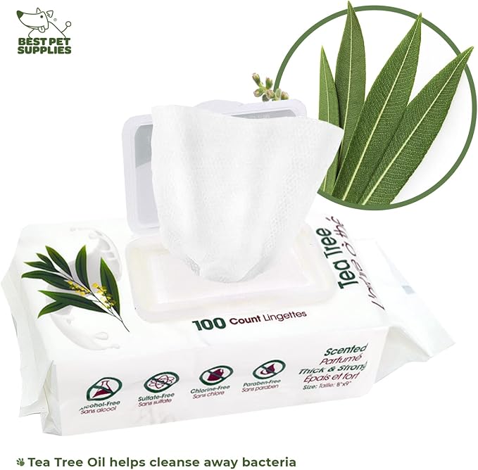 Best Pet Supplies Pet Grooming Wipes for Dogs & Cats,Deodorizer for Coats & Dry, Itchy, or Sensitive Skin, Clean Ears, Paws, Body, & Butt - Cleansing Tea Tree
