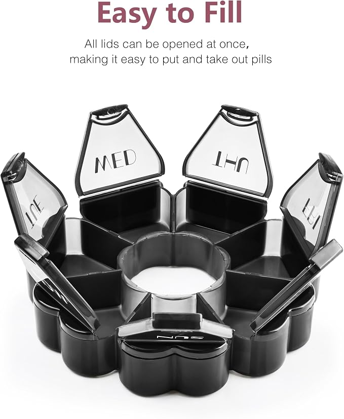 MOLN HYMY Large Pill Organizer 7 Day, Pretty Weekly Pill Box Case, Girly Medicine Dispenser Container for Vitamin, Gummy, Medication, Supplement (Black)