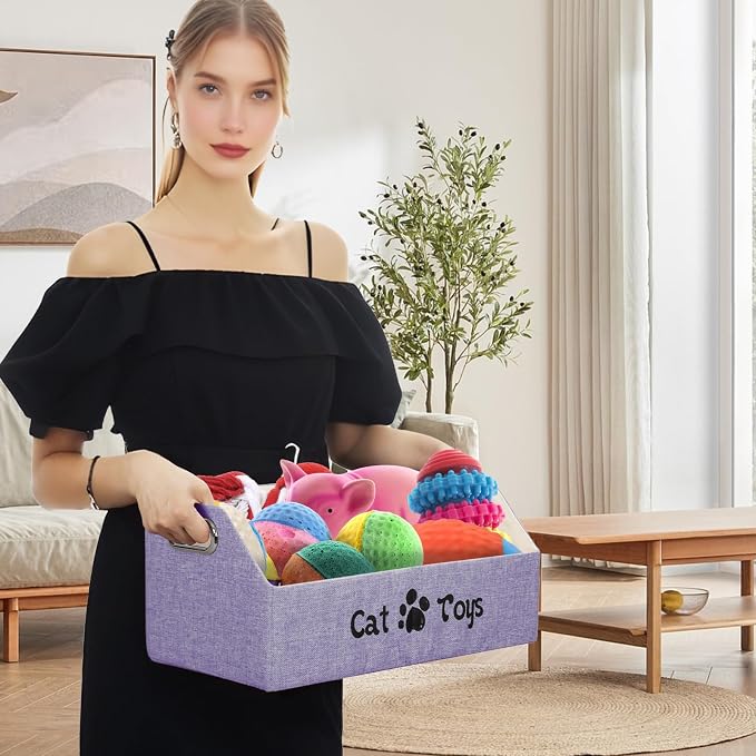 19.7 Inch Cat Toy & Supplies Storage Organizer with Metal Handles | Foldable Fabric Bin Kitten Pet Chest Trapezoid Container for Organizing Cats Clothes Accessories