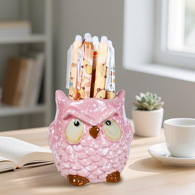 Ceramic Owl Shaped Pen Pencil Holder for Desk Decoration Accessories Owl Decor Makeup Brush Pen Cups Succulent Plant Pot Office School Ideal Gifts for Women, Mom or Birthdays