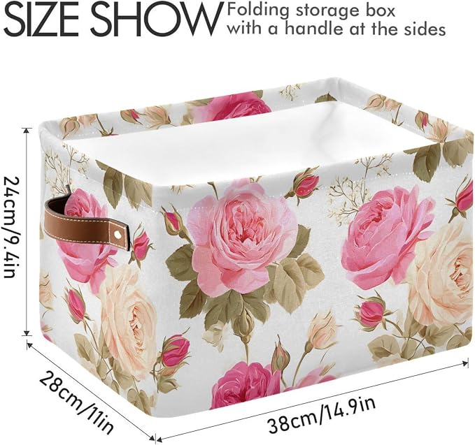 susiyo Large Foldable Storage Bin, Floral Pink Roses Fabric Storage Baskets for Shelves, Closet Organizer Bins, Decorative Baskets Clothes Storage Bin with PU Handles -2Pack