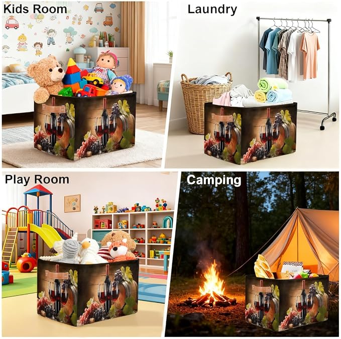 Pardick Storage Baskets Bin, Red Wine Collapsible Canvas Fabric Storage Bin Decorative Baskets Toy Organizer Rectangle Storage Boxes with handles for Home Shelves Nursery,Q-2