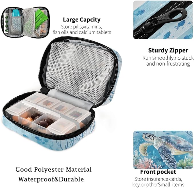 Fustylead Watercolor Sea Turtle and Coral Fish Pill Organizers 2 Times A Day Pill Case Bag with Zipper Portable Weekly Pill Dispensers for Vitamin Supplement