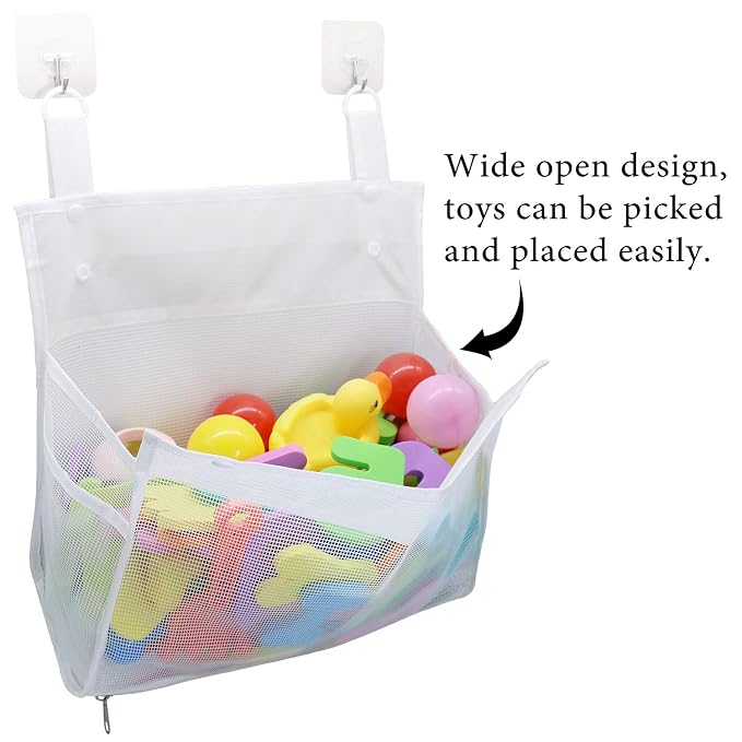 Muchfun Bath Toy Organizer Multiple Ways to Hang | Extra Large Opening Bathroom Toy Holder, Bottom Zipper Bathtub Toy Storage Bag (White)