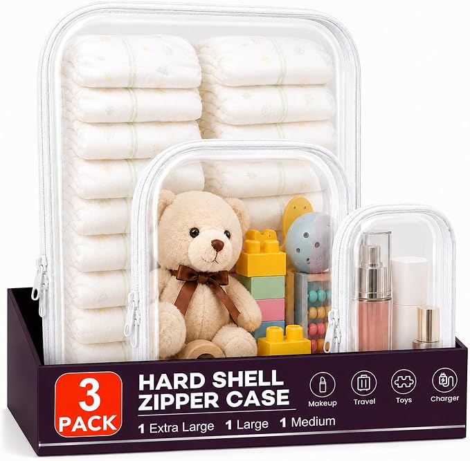 3 Pack Clear Hard Shell Zipper Case (1XL + 1L + 1M, White) | Travel Toiletry Bag, Waterproof 1.2mm PET Hard Plastic Pouches, Organizer Box for Makeup, Toy, Snack, Stationery, Diaper
