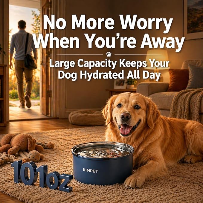 No Spill Dog Water Bowl for Messy Drinkers, 101oz Large Stainless Steel Dog Water Bowl, Floating Slow Drinking Dog Bowl, Splash Proof Dog Bowl with Filter