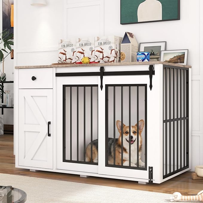 Verano Garden 44" Dog Crate Furniture, Dog Kennel (44" Left Facing Door) | 2-in-1, Lockable, Sliding Door, Removable Divider, Adjustable Shelf, Farmhouse, Heavy Duty, Small Medium Dogs, White