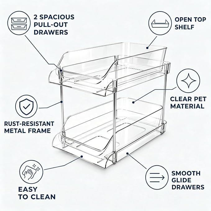 Medicine Bottle Organizer with Clear Pull-Out Drawers for Quick Access | Clear PET drawers, metal frame, smooth pull-out access, open top shelf, for vitamins, supplements, and medicine bottles