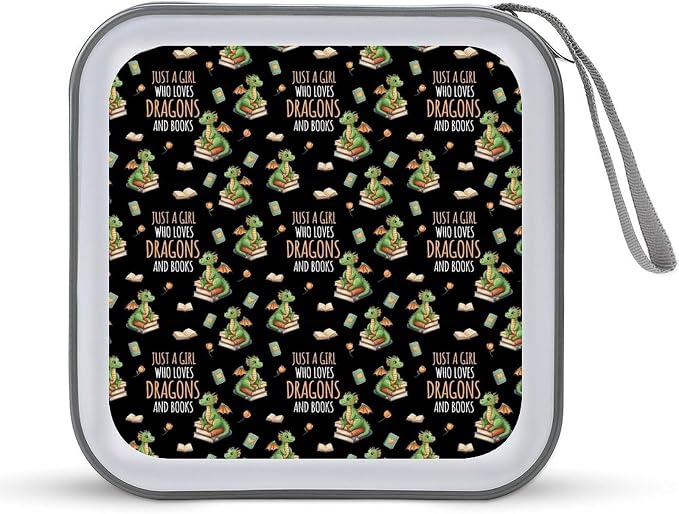 DVD Storage Disc Wallet Dragons And Books DVD Holder Protective Binder | CD Organizer with Portable Carry Handle, Hard Shell Plastic, 40 Capacity, Just A Girl Who Loves Dragons And Books