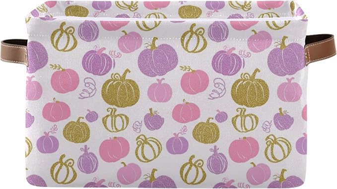 Wamika Pumpkin Pink Purple Storage Basket with Waterproof Liner and PU Handles Fall Thanksgiving Day Storage Bins Boxes 14.2" Collapsible Decorative Organizer Baskets for Bedroom Closet Office 1 Pack
