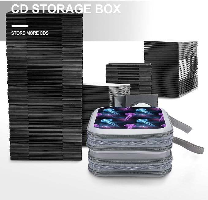 Portable CD Holder Case with Strap Jellyfish, 40-Capacity Hard Plastic Storage Binder, Protective Wallet for Car Office Travel