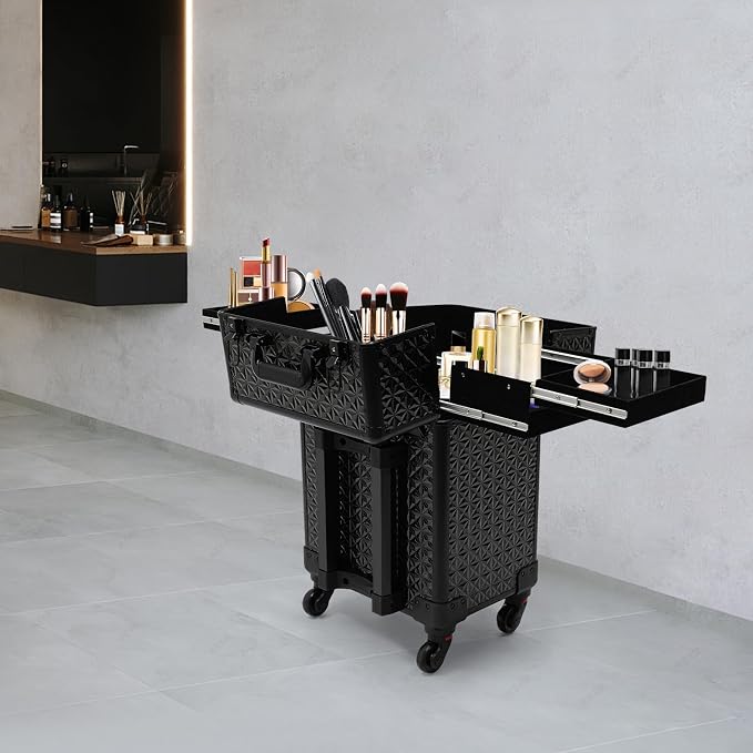 Portable Makeup Organizer Suitcase,Large Cosmetic Trolley (All Black) | Rolling Makeup Train Case,Professional Cosmetic Trolley,Cosmetic Storage Box,Travel Beauty Luggage Trolley Lockable