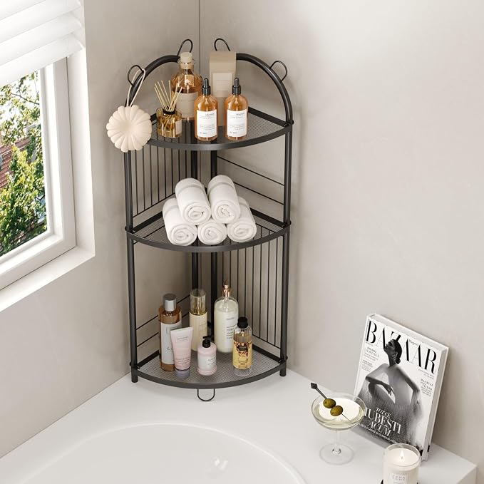 Corner Bathroom Shelf Metal Short Corner Stand Shelf Black Small Bathroom Storage Corner Shelf Unit for Toilet Shower Room 3 Tier