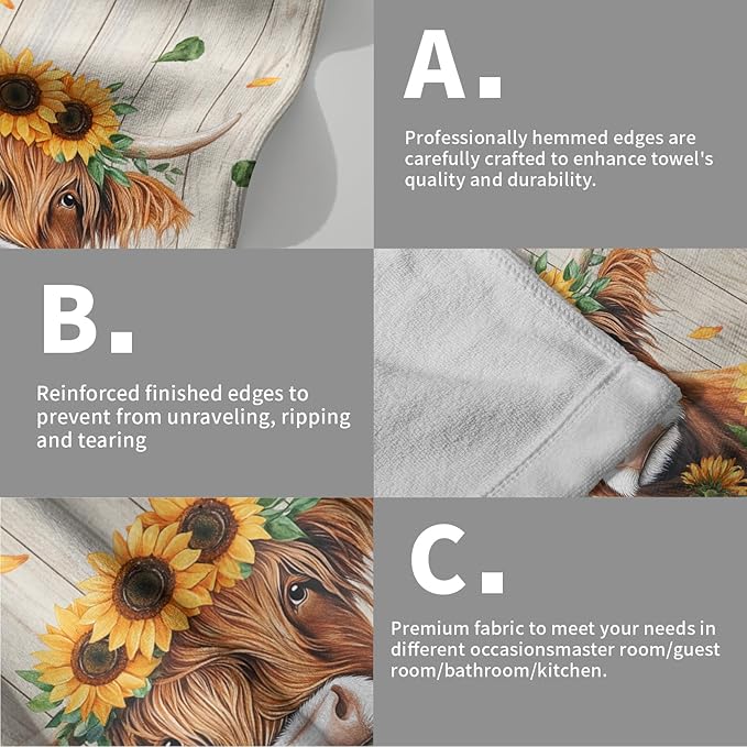 Giwawa Highland Cow Hand Towel Set of 2, Spring Summer Sunflowers Cattle Decorative Towels, Yellow Floral Wood Baord Soft Microfiber Face Towel Washcloth for Bathroom Guest Gym Spa Hotel