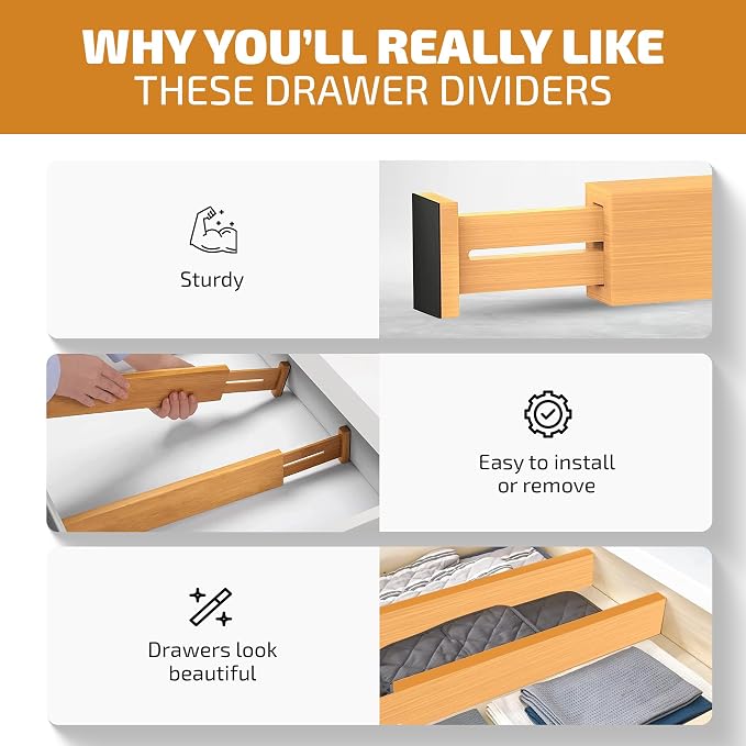 Bambüsi 4-Pack Drawer Divider - 2.6" High, 16" to 22" Adjustable Bamboo Drawer Organizers for Clothes, Expandable Dresser Separators in Bedroom/Bathroom/Kitchen/Office Organization and Storage