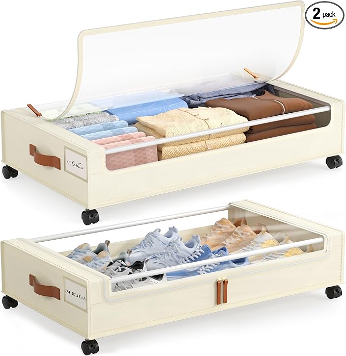 LAMU Under Bed Storage with Wheels, 2Pack Underbed Storage Containers,Beige | Smooth-rolling Wheels, Clear Lid & Label, Sturdy Metal Frame, Easy Install, Rolling Storage Drawers for Clothes, Shoes, Toys