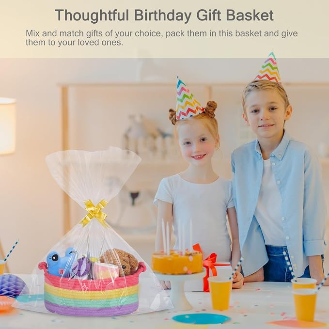 Small Empty Gift Basket with Bag & Ribbons, Rainbow | 12“x8”x5”, Cotton Rope Woven Basket for Birthdays, Baby Showers, Mother's Day, Christmas; Stores Small Items, Kids & Pet Toys