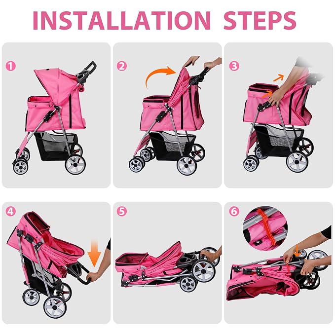Pet Stroller for Medium Small Dogs - Easy to Walk Folding Travel Carrier Strolling Cart with Cup Holder, Weather Cover and Storage Basket (Pink)