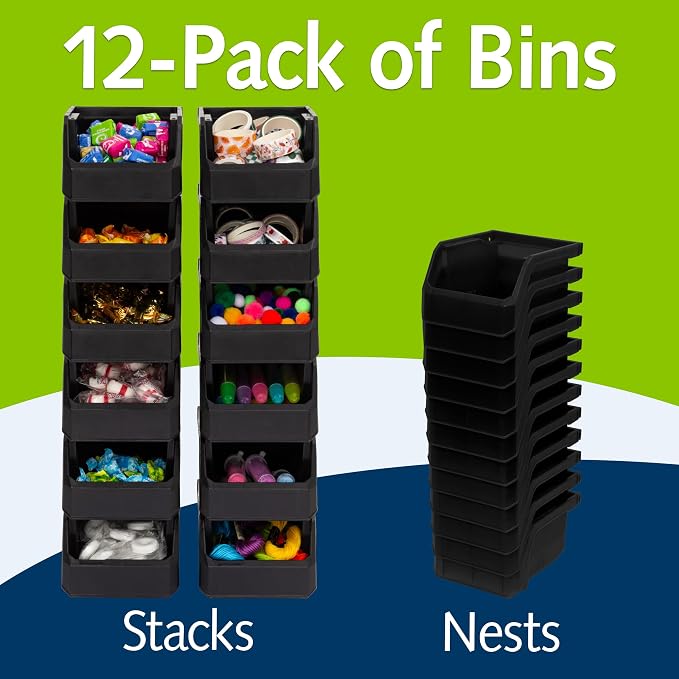 Extra-Small Stackable Plastic Storage Bins, 12-Pack, Black | Open-Front Stackable Bins For Garage, Pantry, Closet & Office, 5"L X 4"W X 3"H, Nests When Empty, Durable Plastic