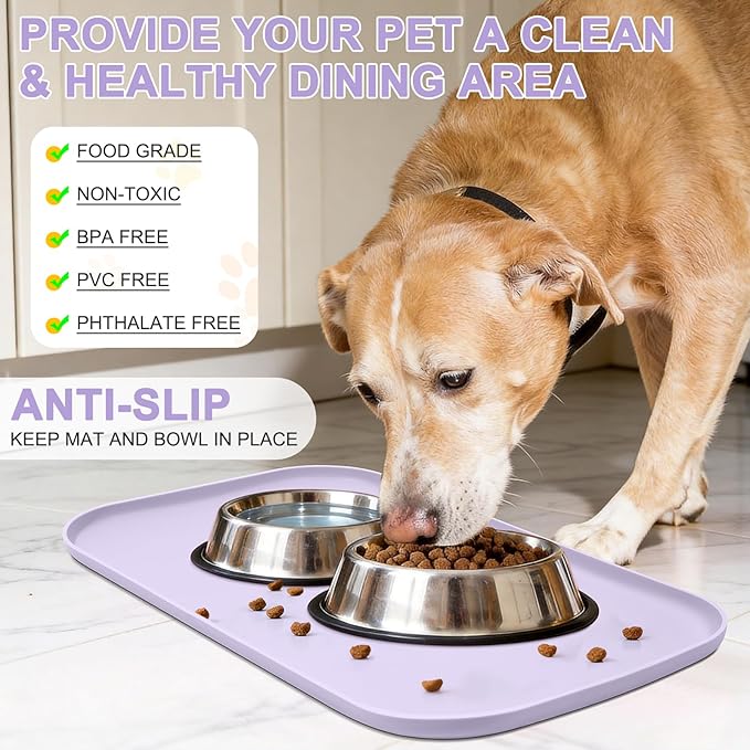 Smilool Silicone Pet Food Mat with Raised Edge for Food and Water Bowl, Dog Feeding Mats, Cat Food Trays for Floor Waterproof, Rubber Tray for Dogs and Cats, 22 x 14 x 0.8 Light Purple