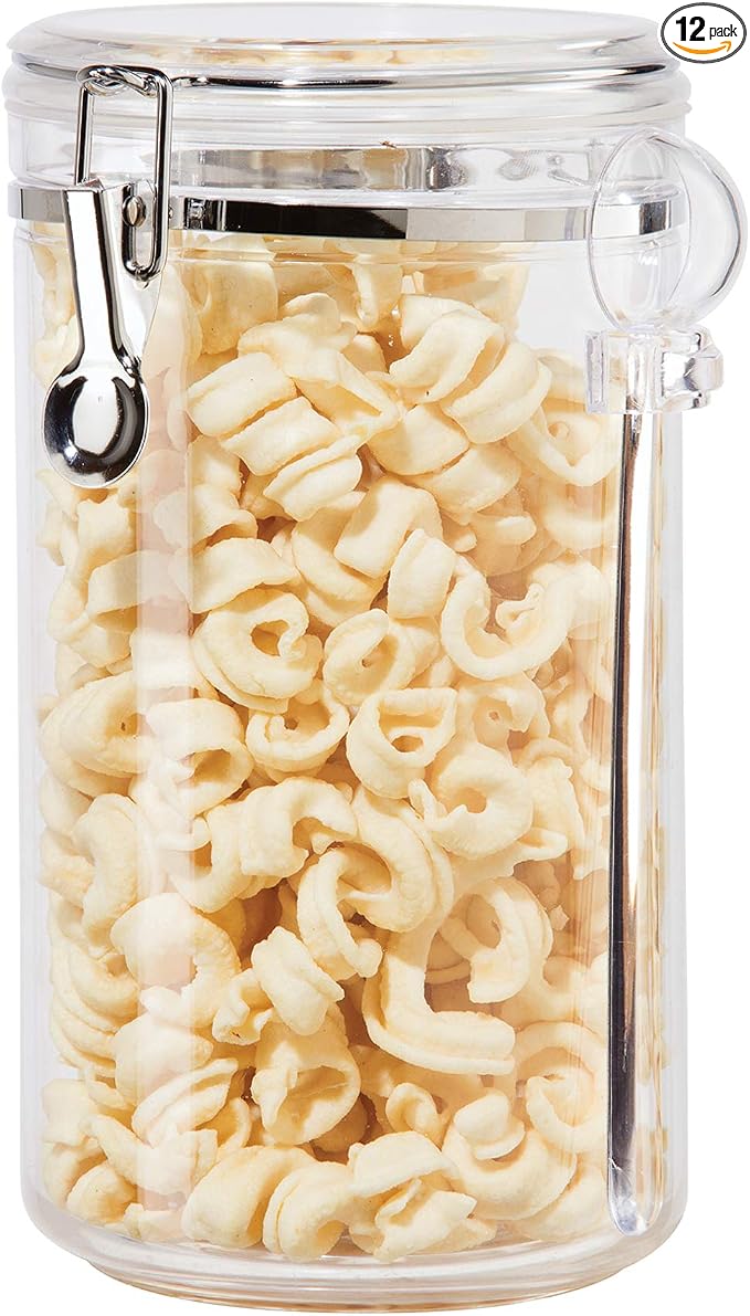 Oggi Clear Canister Airtight 72oz - Clamp Lid & Spoon - Airtight Food Storage Container, for Kitchen & Pantry Storage of Bulk, Dry Foods, Pasta, Flour, Sugar, Coffee, Rice, Tea, Spices & Herbs