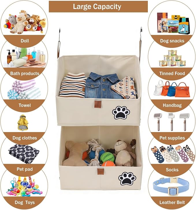 2-Tier Dog Shelves Storage Organizer, Dog Toy Basket, Hanging Closet Organizer for Pet, Fabric Storage Bins Dog Cabinet, Collapsible Baskets for Dog Toys,Collar,Clothes,Blanket -Beige