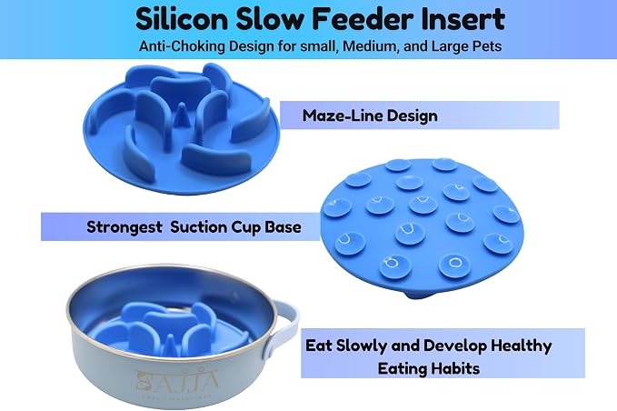 Blue Slow Feeder Travel Dog Bowl Set – 30oz Stainless Steel + 20oz Collapsible Silicone Dish + Silicone Slow Feeder Insert | Water Bottle Holder | Non-Slip, Anti-Choking, BPA-Free – Claim