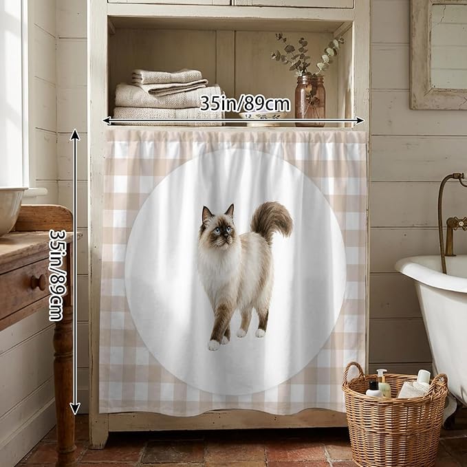 Ragdoll Cat Cabinet Dishwasher Hidden Curtains, Privacy Closet Door Curtain, Modern Linen Plaid Farmhouse Pet Cats Adhesive Dust Proof Under Sink Skirt for Bathroom Kitchen 35"x35"