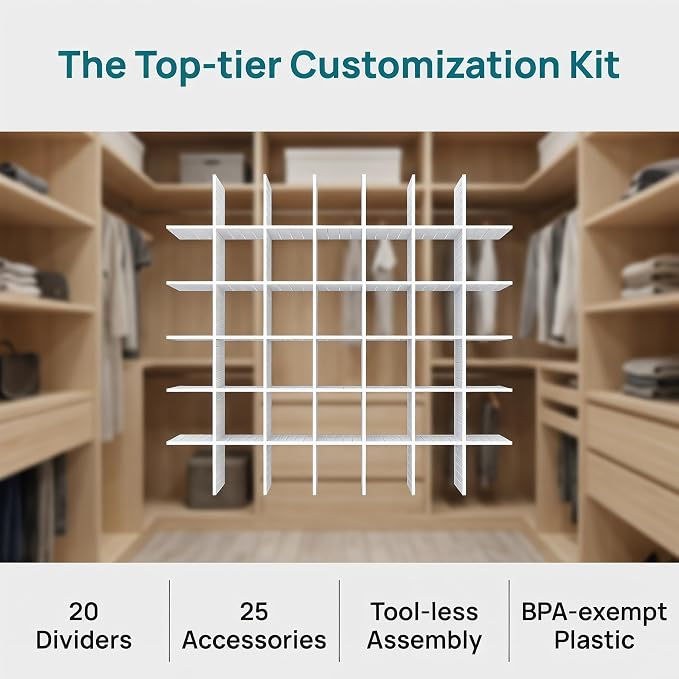 20 PCS Drawer Divider with 25 Accessories, Adjustable Drawer Organizer Inserts, 12.6" x 2.76" x 0.08" White Drawer Plastic Separators for Clothes, Kitchen, Bathroom, Office Storage