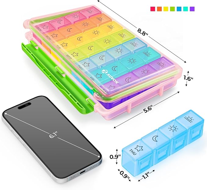 AUVON Large Moisture-Proof Weekly Pill Organizer 4 Times a Day, BPA-Free | 7 Day Pill Box Case with Portable Design for Travel, Removable Individual Containers Hold Vitamins, Supplements, Medications