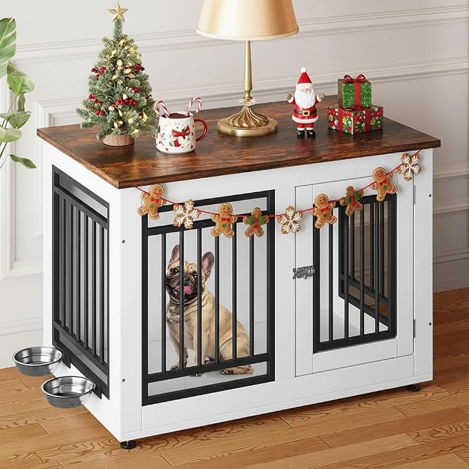 YITAHOME 35" Dog Crate Furniture, Wooden Side End Table with Adjustable Feet and Removable Bowls, Dog Kennel Indoor for Small Medium DogsV | Wooden Side End Table, Dog Kennel Indoor for Small Medium Dogs