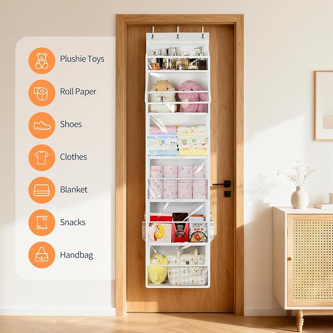 Yecaye Hanging Yarn Storage Organizer with 6 Zippered Closure Compartments, Heavy Duty Stuffed Animal Storage with Clear PVC, Dustproof Yarn Holder for Crocheting Storage, Pearl White 6 Tier