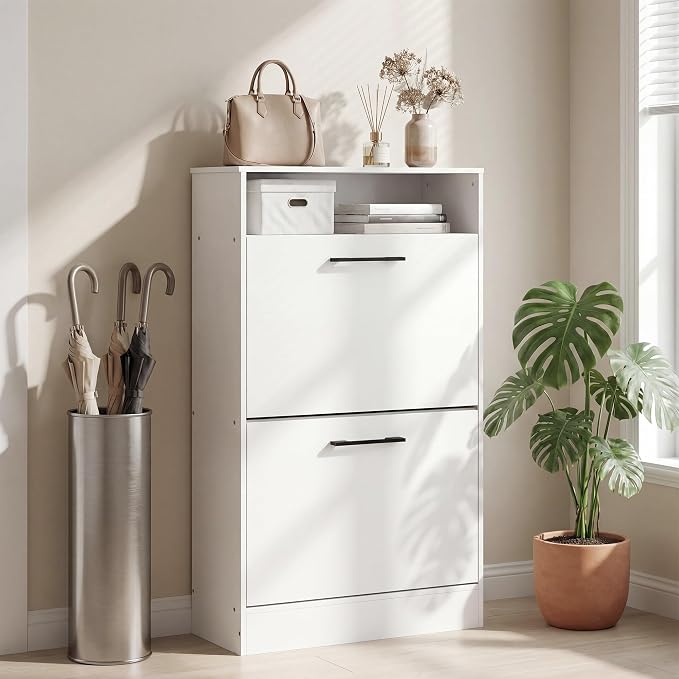HOMCOM Shoe Cabinet with 2 Flip Drawers, Open Shelf, up to 12 Pairs, White | Narrow Storage Cabinet, Adjustable Dividers, Entryway Shoe Storage Unit, for Hallway