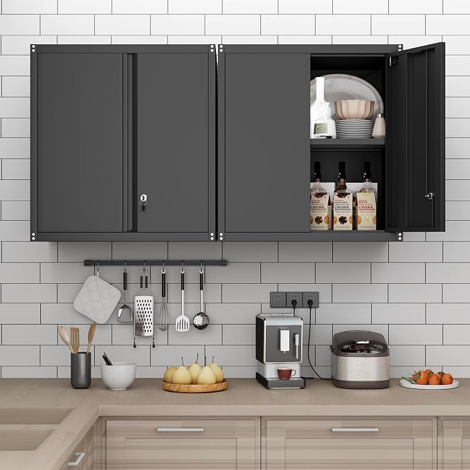 28" H Garage Storage Cabinet, Metal Garage Wall Cabinets with Doors and Shelves, Small Wall Mount Cabinet for Kitchen, Garage, Laundry Room, Pantry, Black
